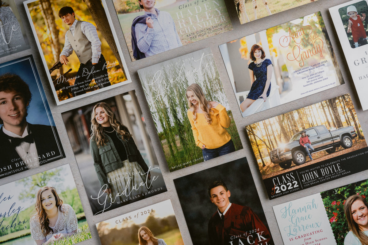 Collection of graduation-themed photo cards with various designs and text.