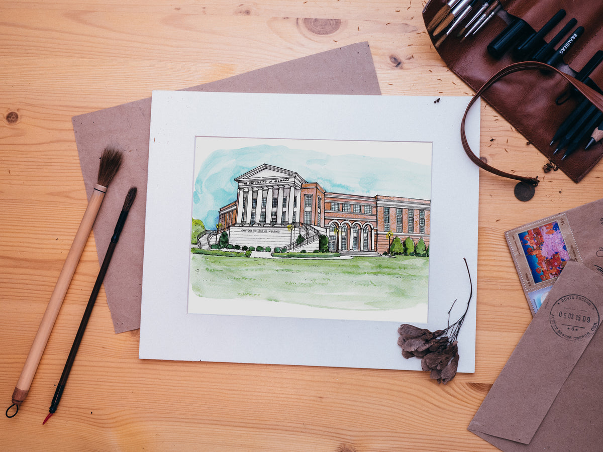 Custom watercolor painting of a college of nursing building by Salt + Paperie